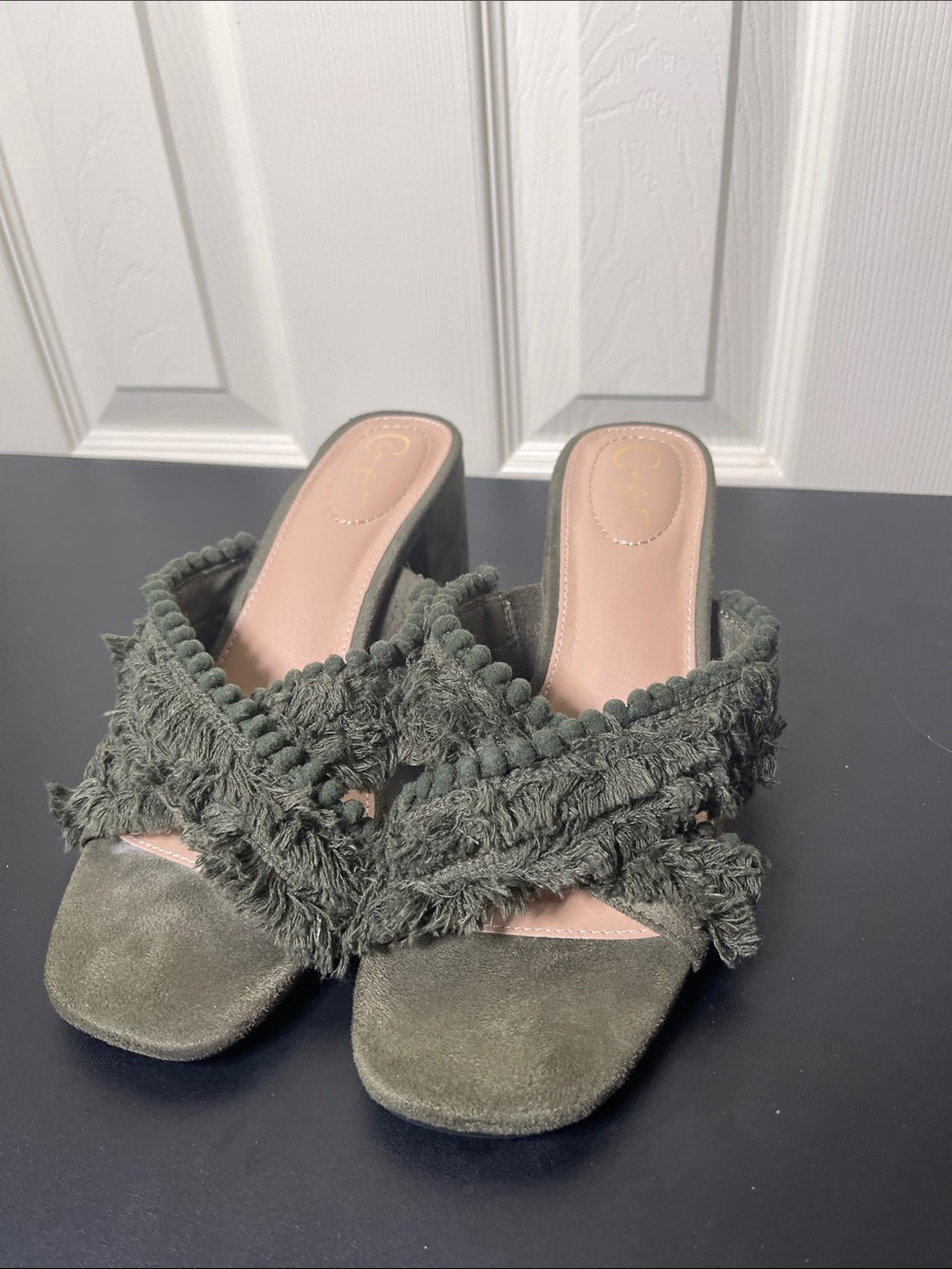 Fringed Crisscross Mules in Olive